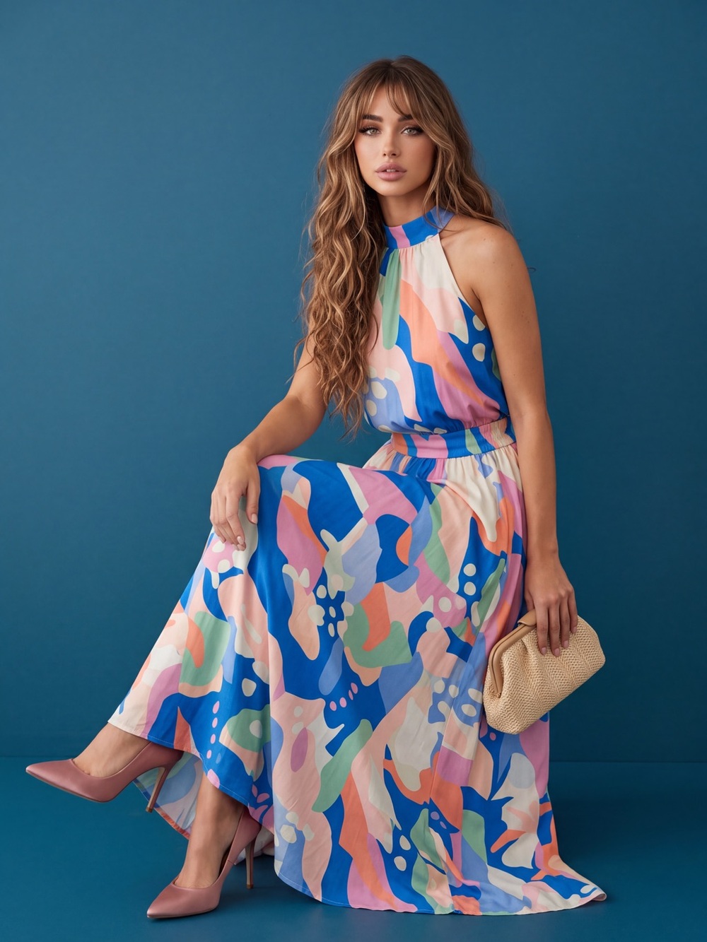 Flying Tomato Multicolor Halter Maxi Dress in Blue, Pink, Coral & Mint